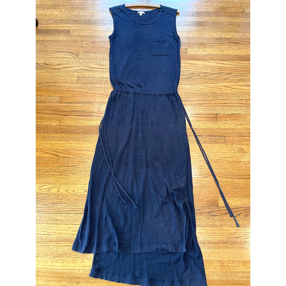 Gap 100% Linen Sleeveless Maxi Dress Size Small Petite Navy Blue Drawstring - Picture 2 of 12